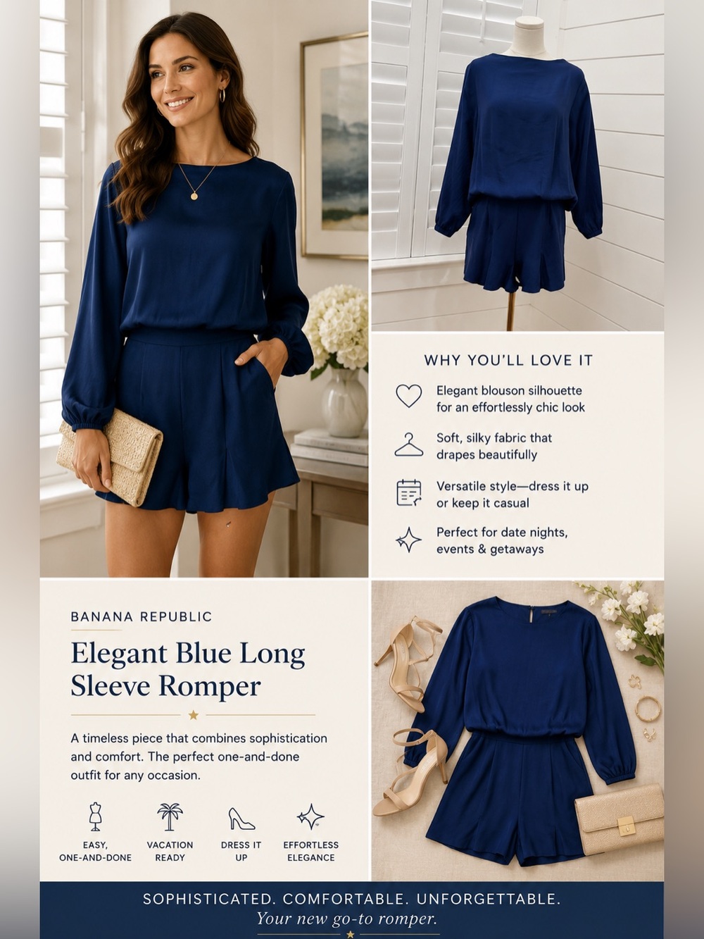 Size 6 Elegant Blue Banana Republic Long Sleeve Romper